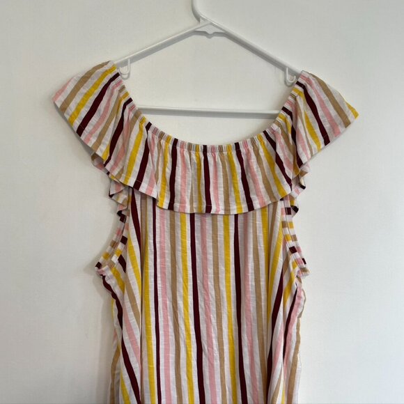 LANE BRYANT Plus Size Ruffle Edge Tank Top White Burgundy Pink Yellow Striped 3X - Picture 12 of 13